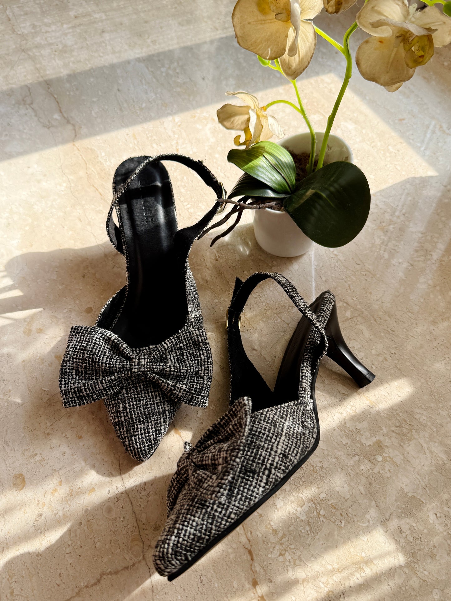 Moonlit Black & White Tweed Slingback Pumps