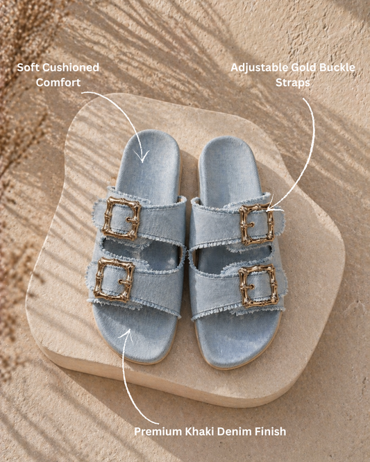 Denim Cork Slides - Blue