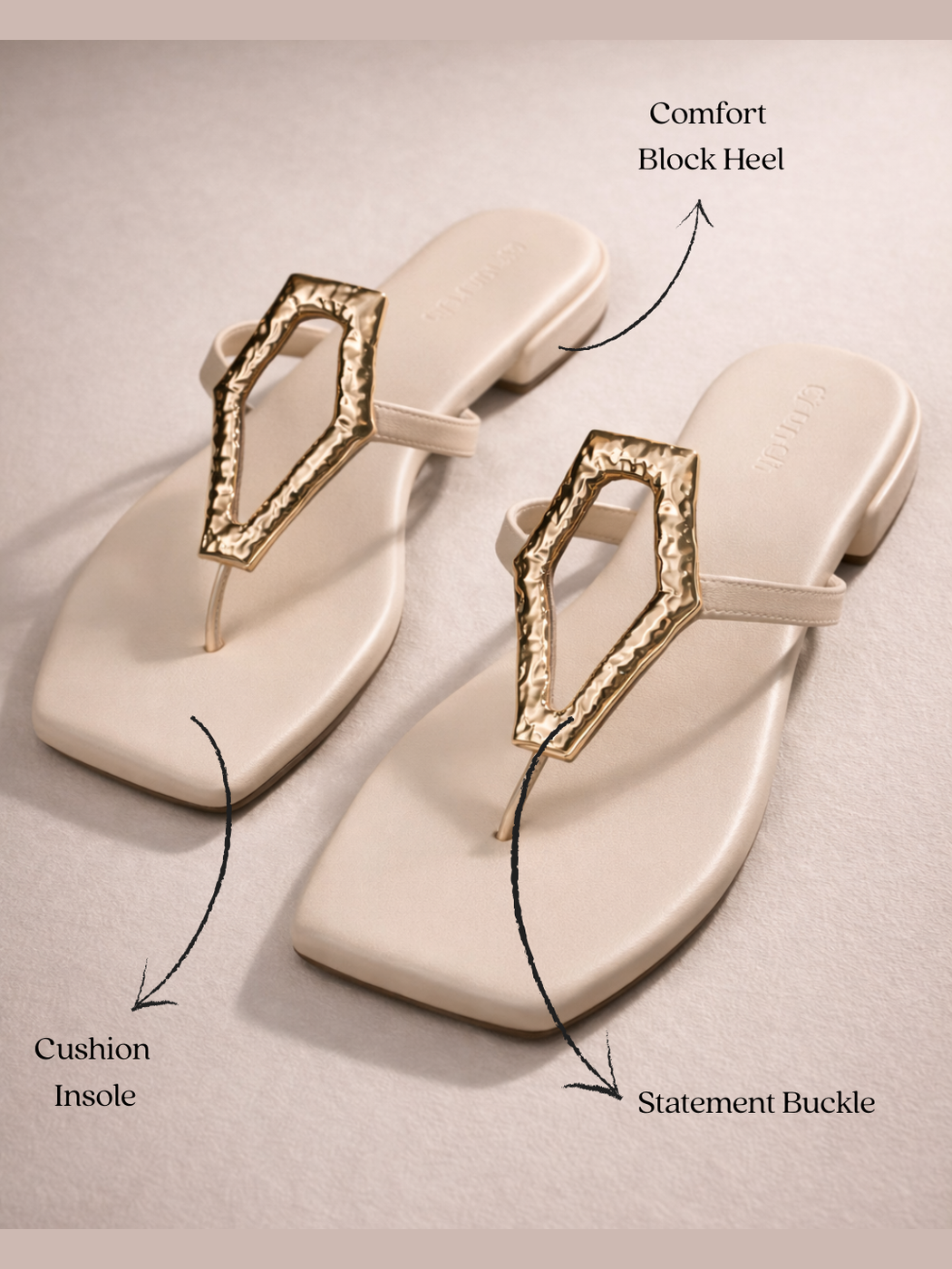 Afterglow Flats in Off White – Lifestyle Shot of Cushioned Buckle Flats for Women