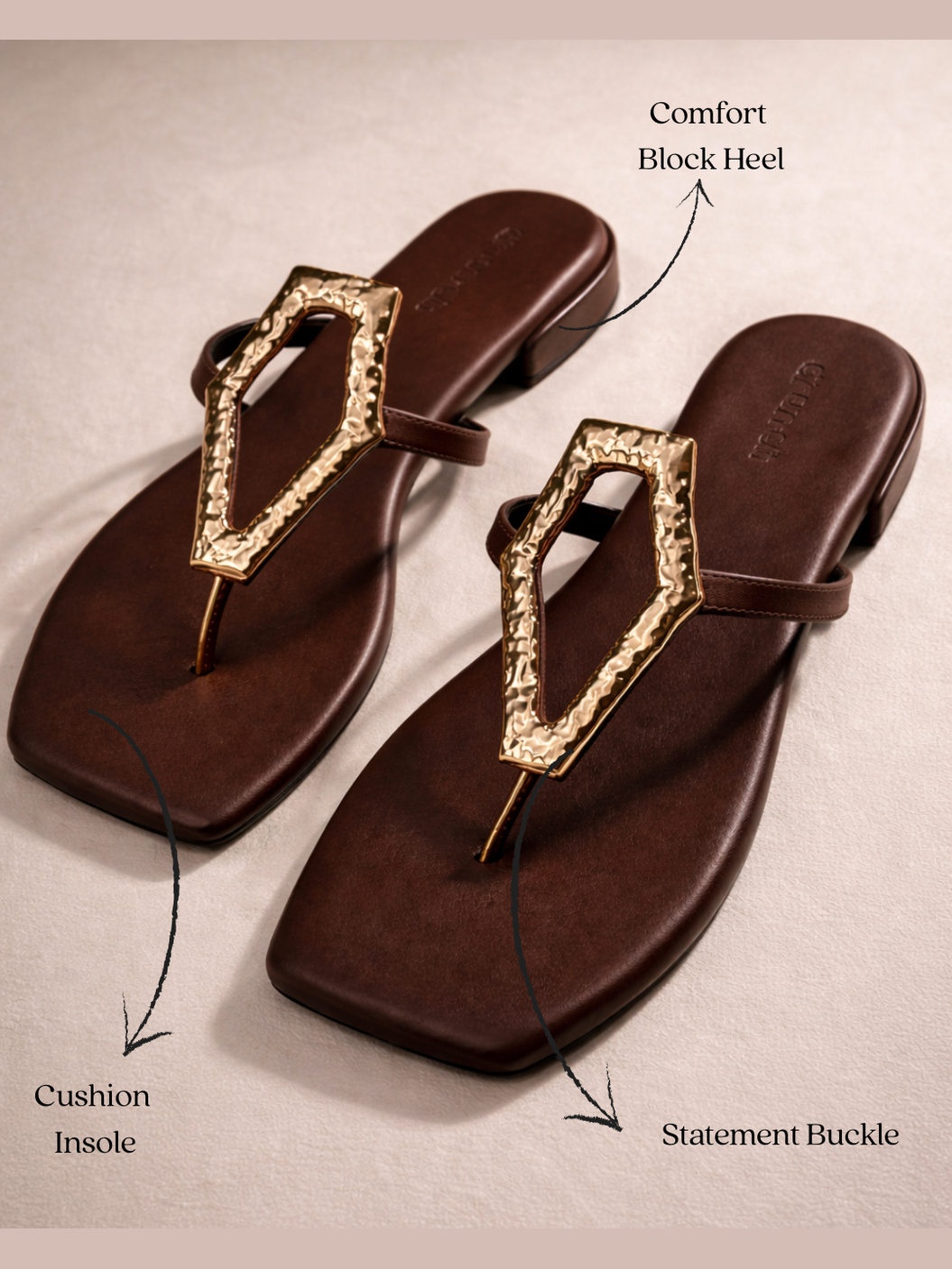 Afterglow Flats in Brown – Lifestyle Shot of Cushioned Buckle Flats for Women | Drunch"