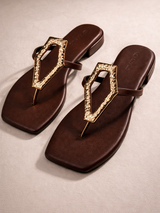 Afterglow Flats in Brown – Side View of Embellished Buckle Open-Toe Flats | Drunch