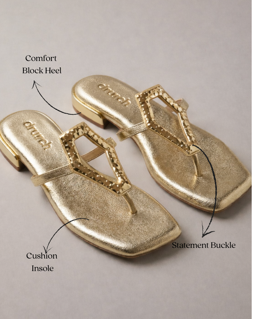 Afterglow Flats in Gold – Lifestyle Shot of Cushioned Buckle Flats for Women | Drunch