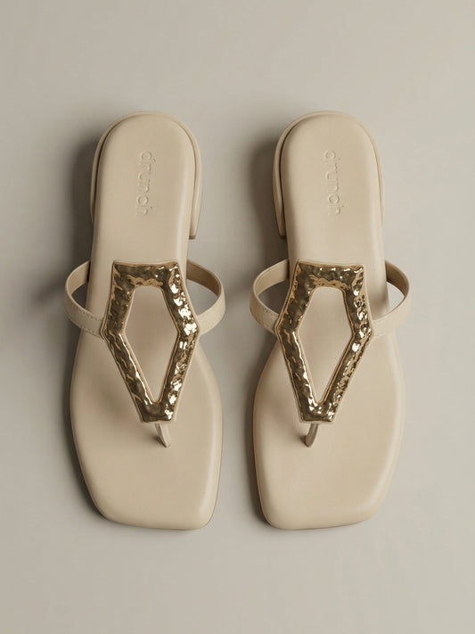 Afterglow Flats in Off White – Top Angle View of Embellished Buckle Flats | Drunch