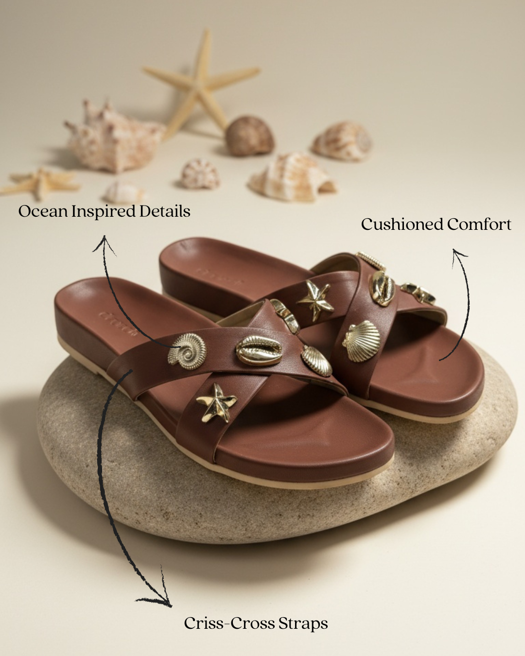 Coral Brown Sandals for Women – Vacation Styling Shot of Cushioned Cork Footbed Sandals | Drunch
