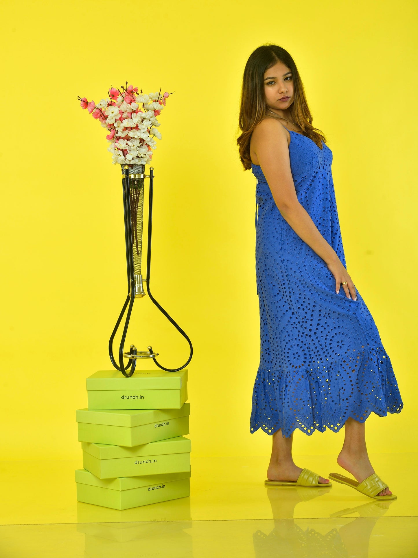 Cosmopolitan Flats Lime – model wearing lime statement flats, styled full look