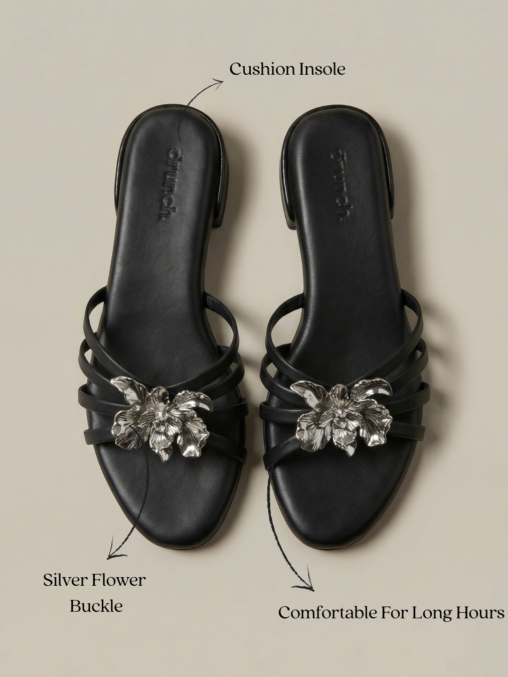 Everglow Flat Sandals in Black – Lifestyle Shot of Floral Buckle Flats for Women | Drunch