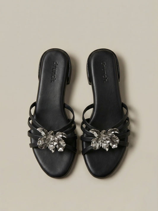 Everglow Flat Sandals in Black – Top View of Embellished Open-Toe Flats for Women | Drunch