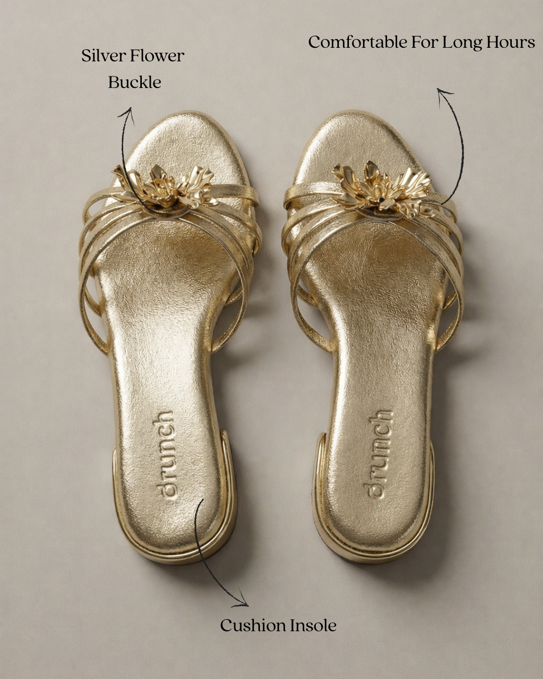 Everglow Flat Sandals in Gold – Lifestyle Shot of Floral Buckle Flats for Women | Drunch