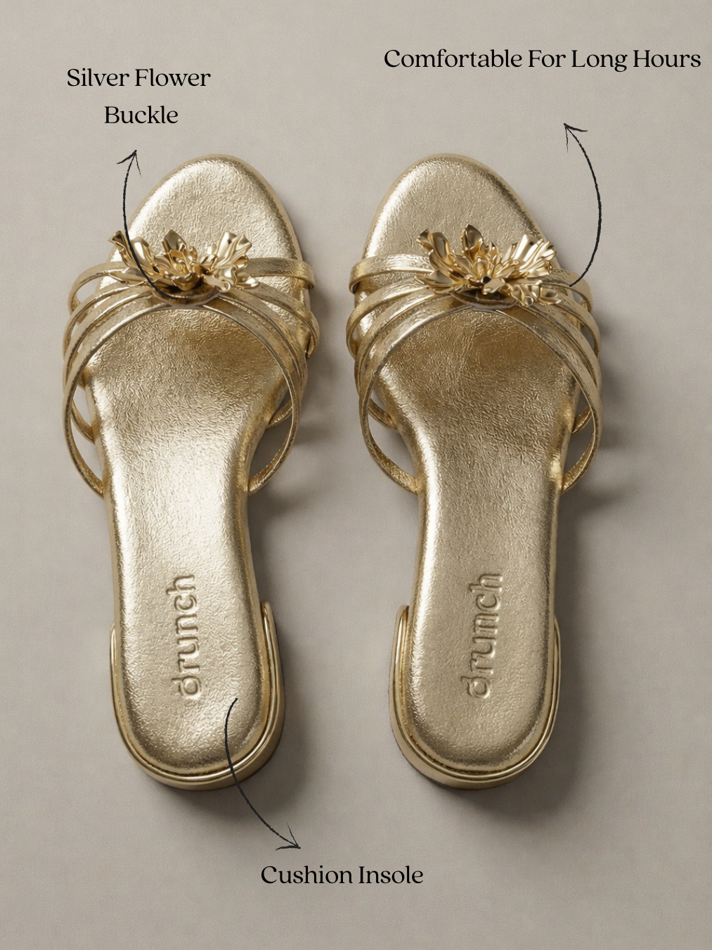 Everglow Flat Sandals in Gold – Lifestyle Shot of Floral Buckle Flats for Women | Drunch