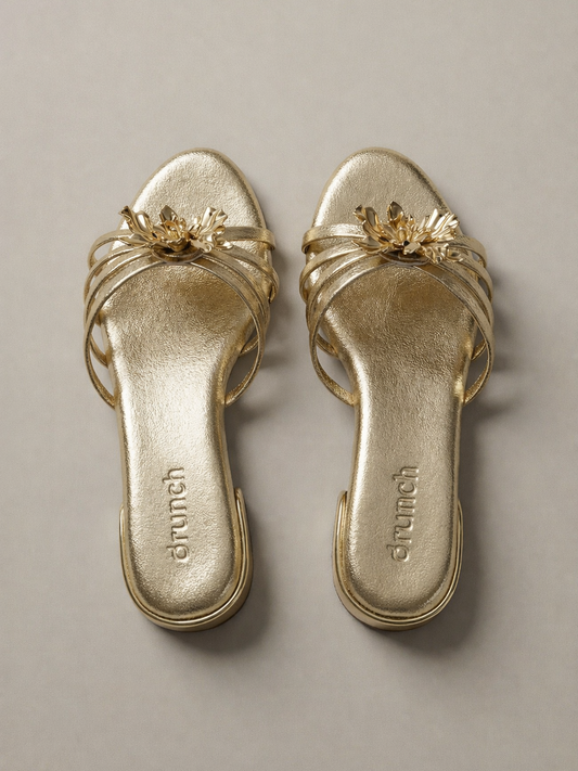 Everglow Flat Sandals in Gold – Top View of Embellished Open-Toe Flats for Women | Drunch