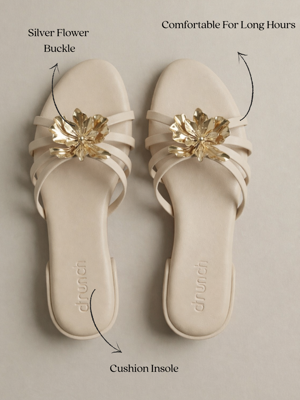 Everglow Flat Sandals in Off White – Lifestyle Shot of Floral Buckle Flats for Women | Drunch