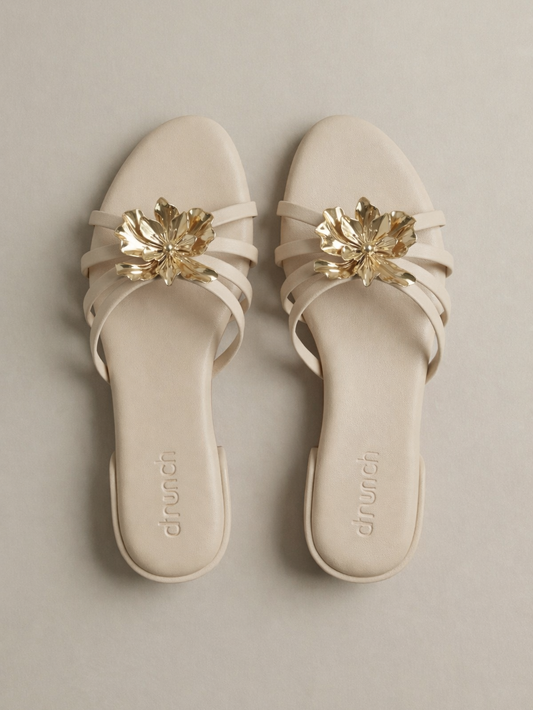 Everglow Flat Sandals in Off White – Top View of Embellished Open-Toe Flats for Women | Drunch