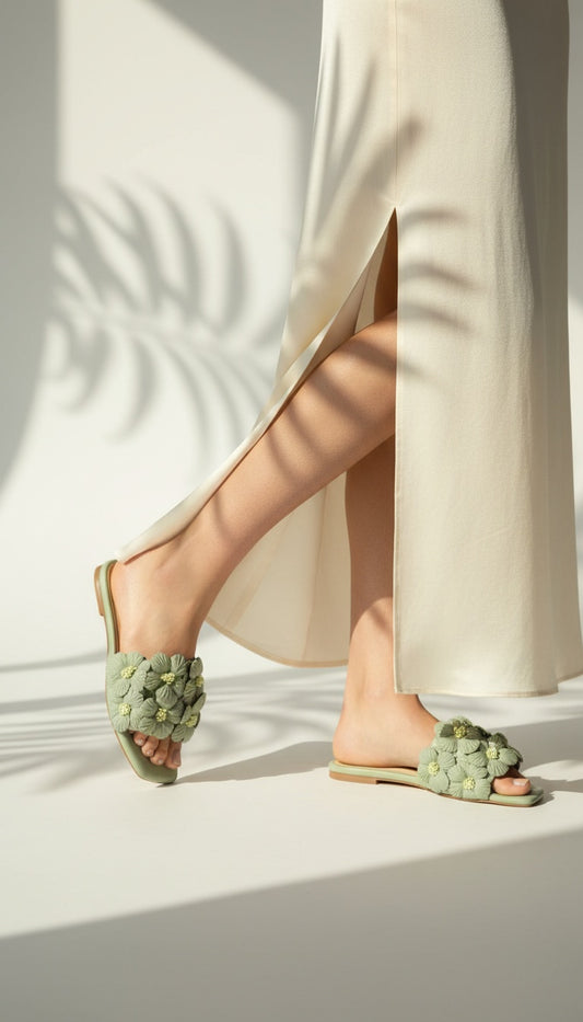 Gili Flats Sea Green worn by model – women's floral slip-on flats