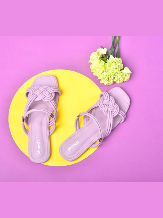 Mimosa Flats Lavender – side view, criss-cross strap lavender flats for women