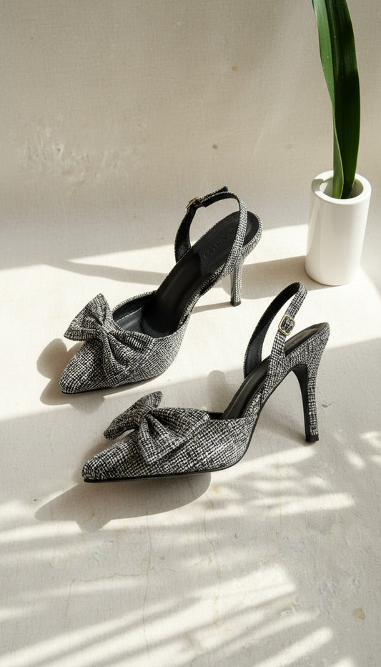 Black White Tweed Slingback Pumps - Side View with Slingback Strap | drunch