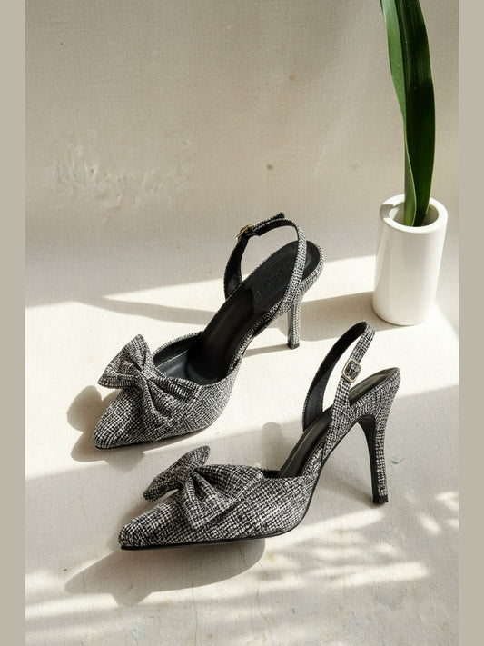 Black White Tweed Slingback Pumps - Side View with Slingback Strap | drunch