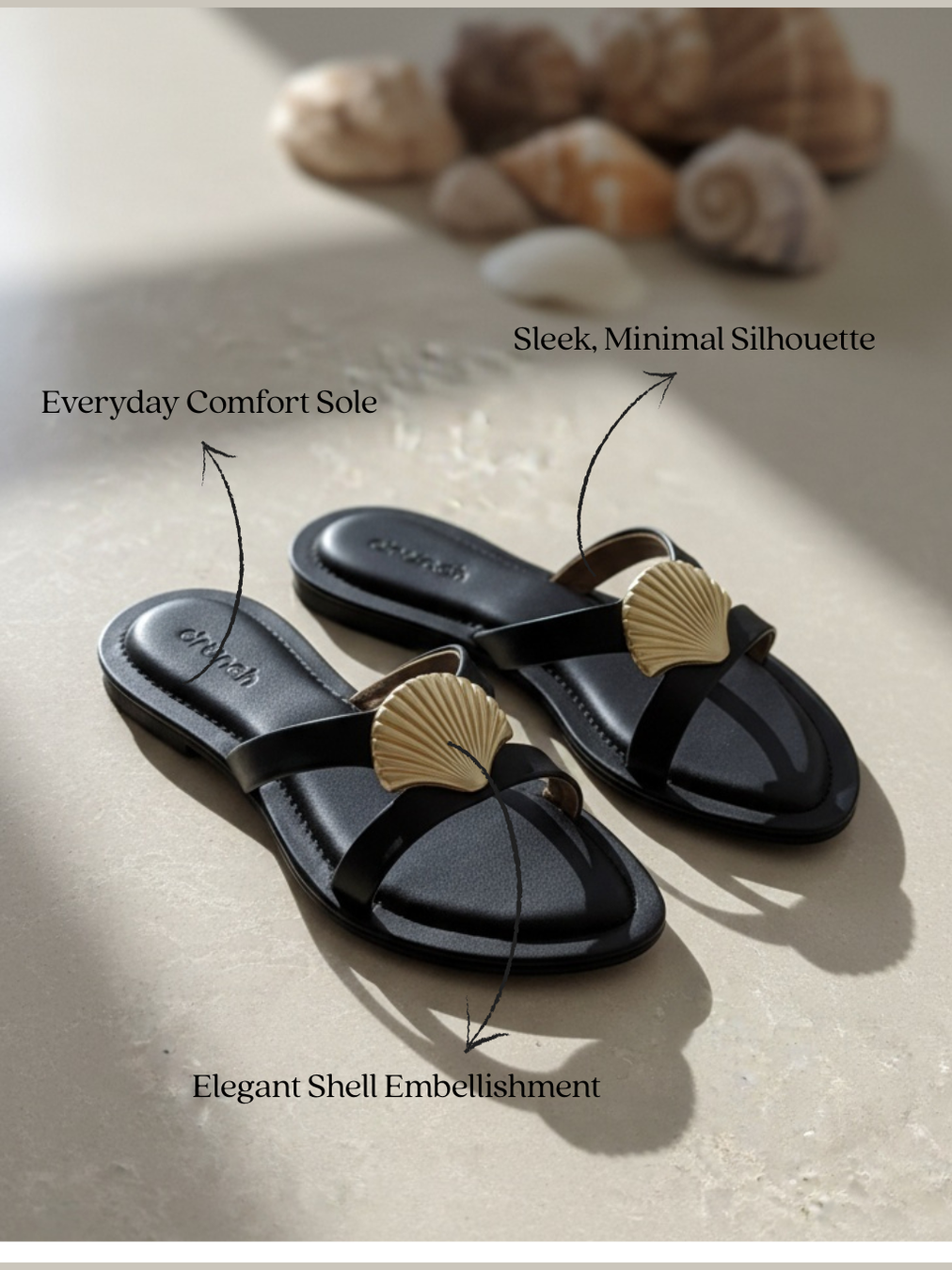 Noa Shell Flats in Black – Lifestyle Shot of Gold Shell Embellished Flats for Women | Drunch