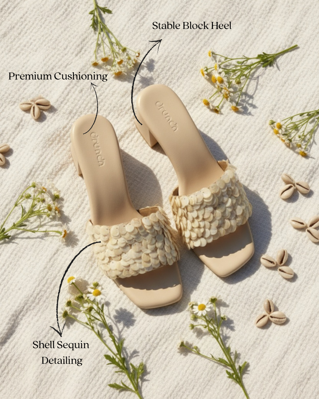 Pearl Pop Shell Sequin Sandals - Coastal Glam Flat Lay | drunch