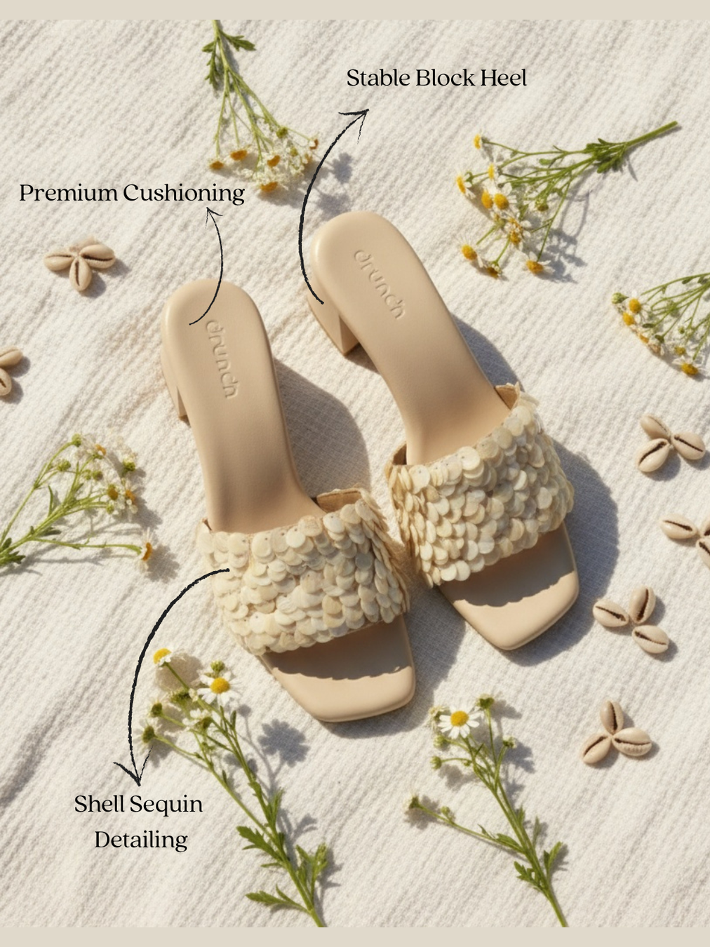 Pearl Pop Shell Sequin Sandals - Coastal Glam Flat Lay | drunch