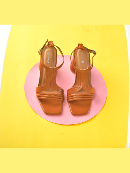 Pina Colada Heels Dusky Brown – front view, open square-toe cylindrical heels for women