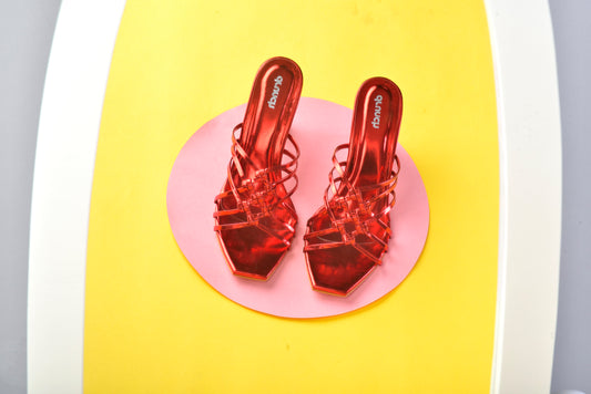 Sangria Heels Metallic Red β front view, open square-toe stiletto heels for women