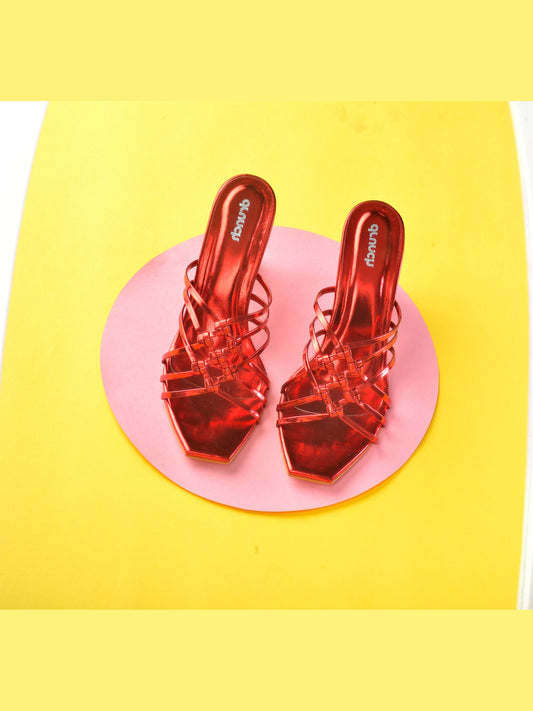 Sangria Heels Metallic Red โ front view, open square-toe stiletto heels for women