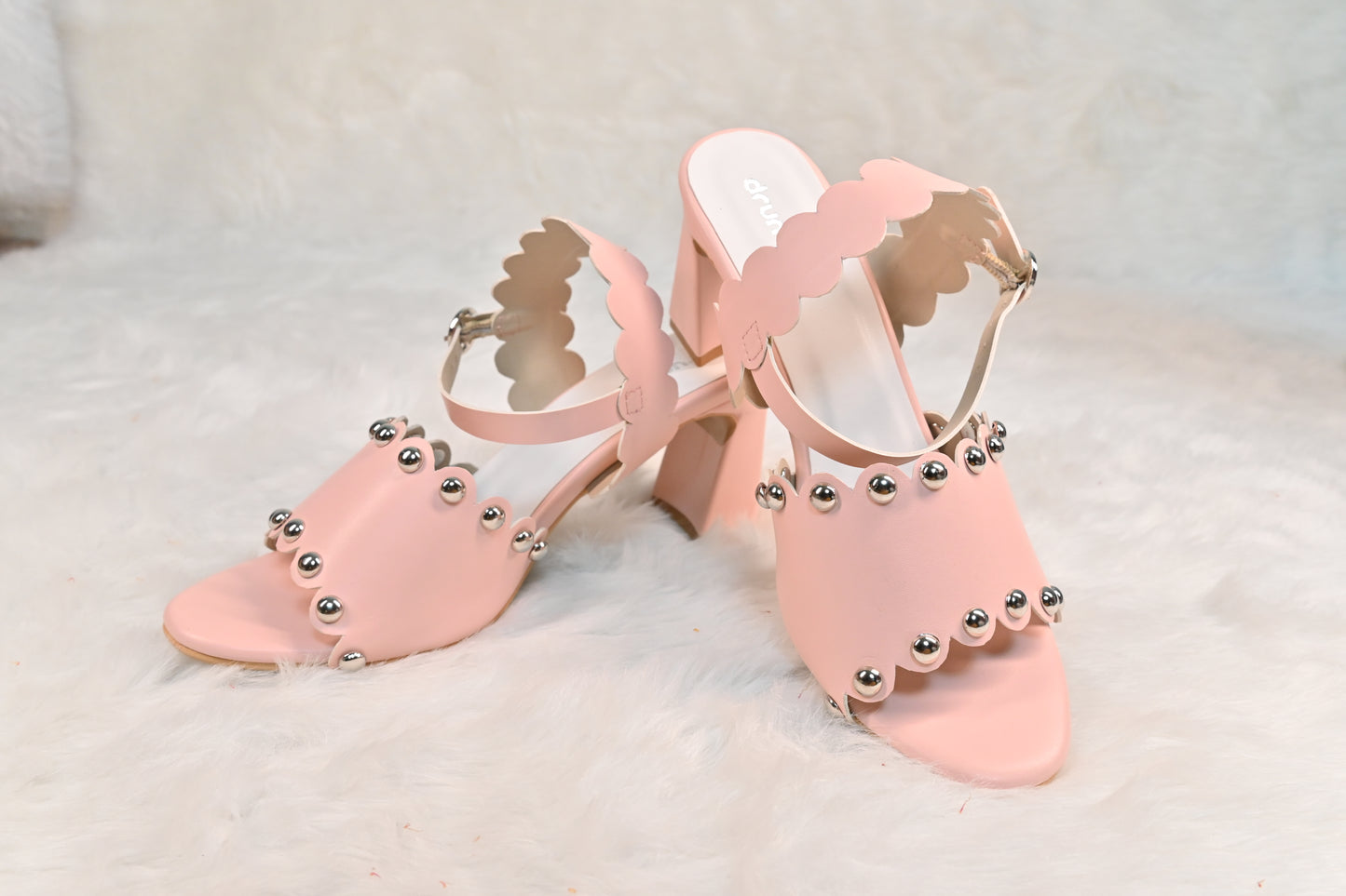 Scallop Heels Blush Pink – side view, 3-inch block heels with scalloped detailing