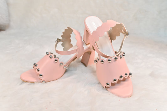 Scallop Heels Blush Pink – side view, 3-inch block heels with scalloped detailing