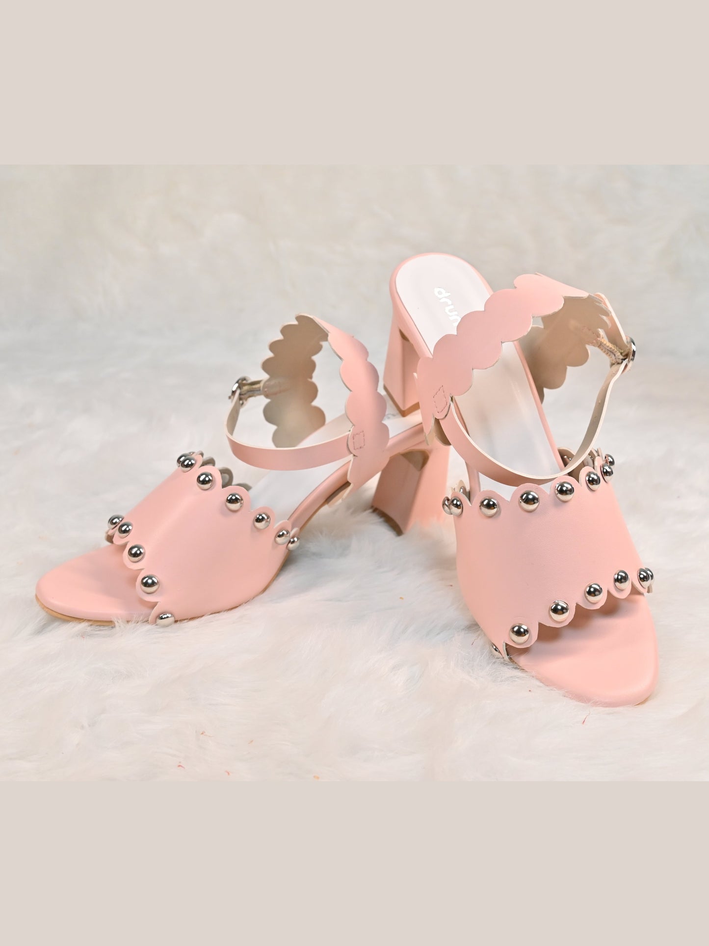 Scallop Heels Blush Pink – side view, 3-inch block heels with scalloped detailing