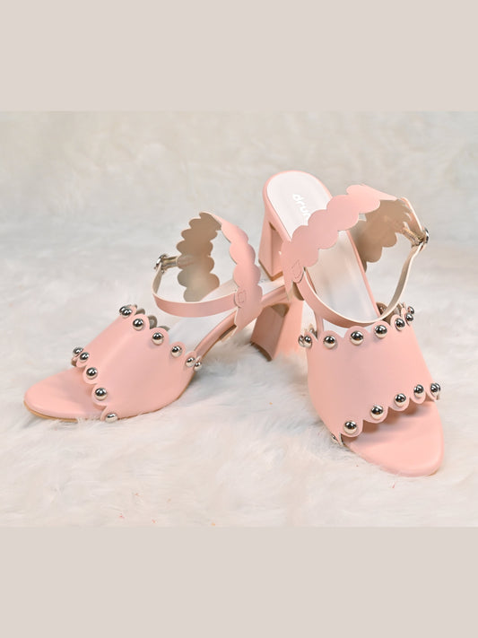 Scallop Heels Blush Pink – side view, 3-inch block heels with scalloped detailing