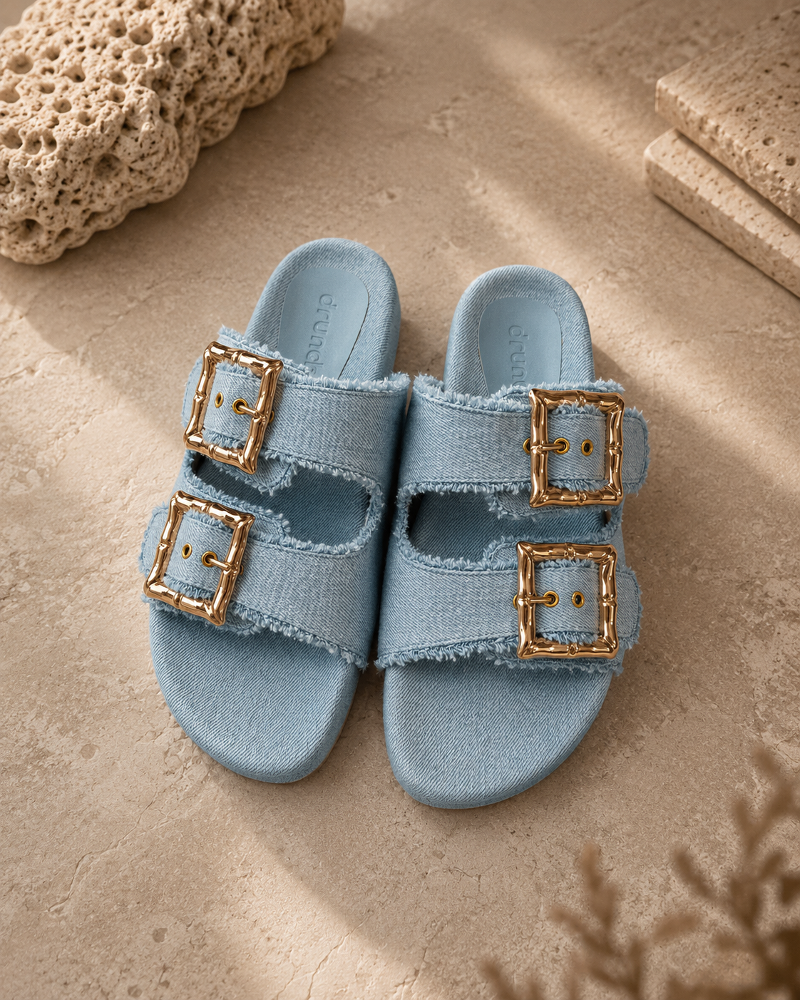 Denim Cork Slides - Blue