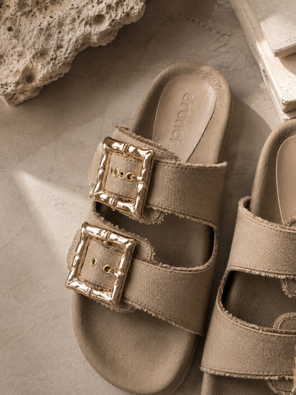 Denim Cork Slides- Khaki