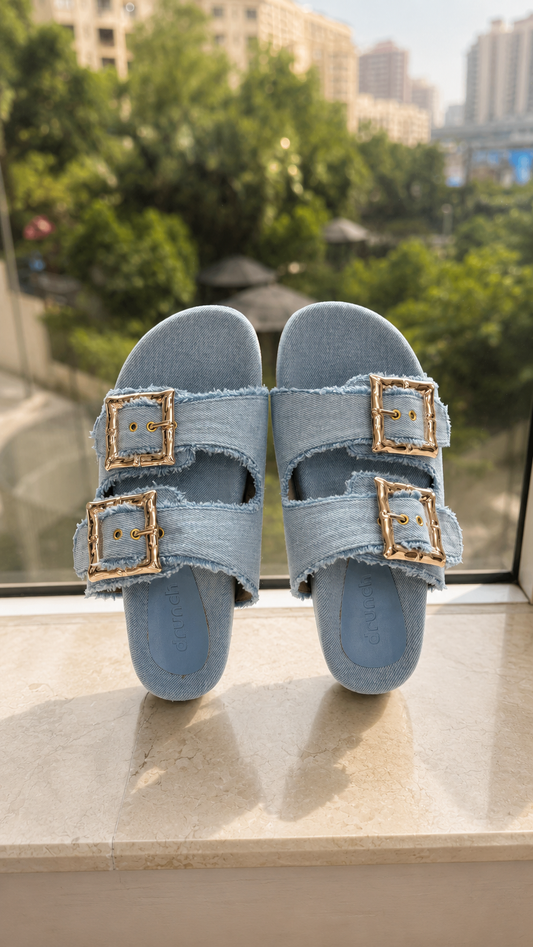 Denim Cork Slides - Blue