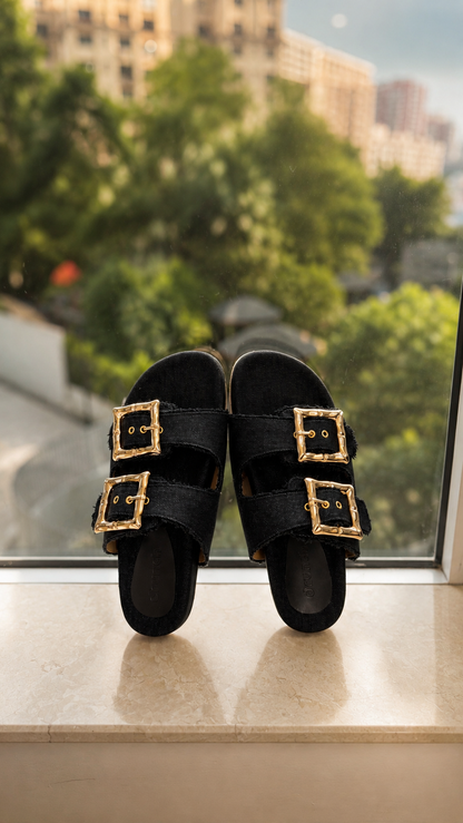 Denim Cork Slides - Black