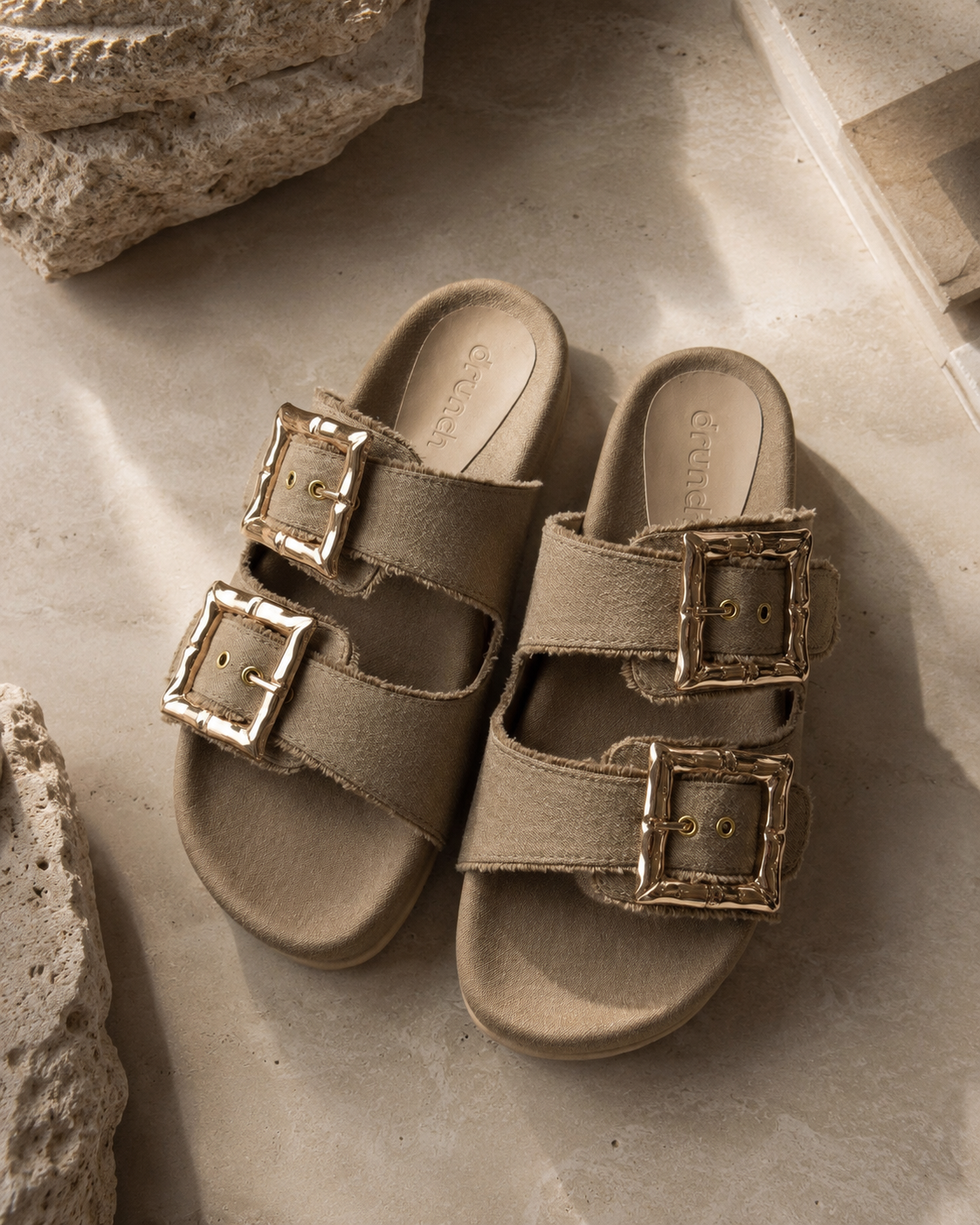 Denim Cork Slides- Khaki
