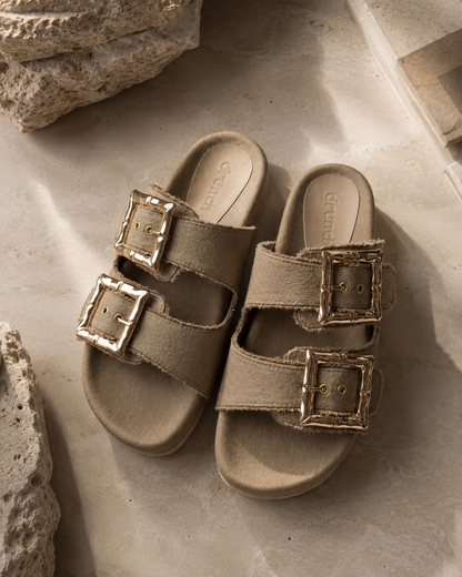 Denim Cork Slides- Khaki