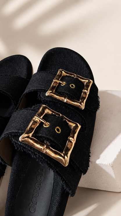 Denim Cork Slides - Black
