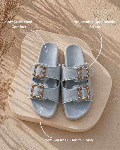 Denim Cork Slides - Blue