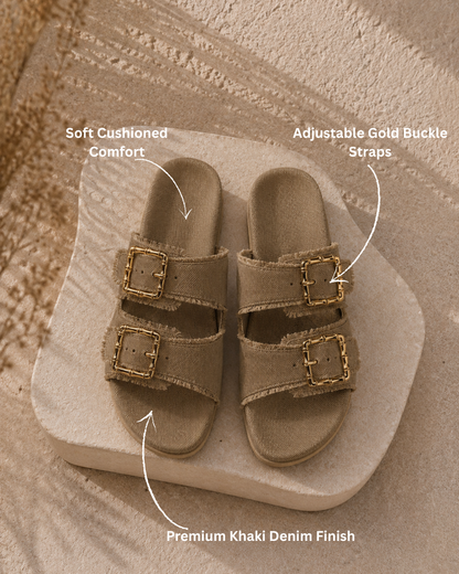 Denim Cork Slides- Khaki
