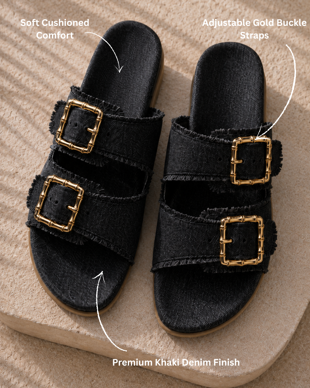 Denim Cork Slides - Black
