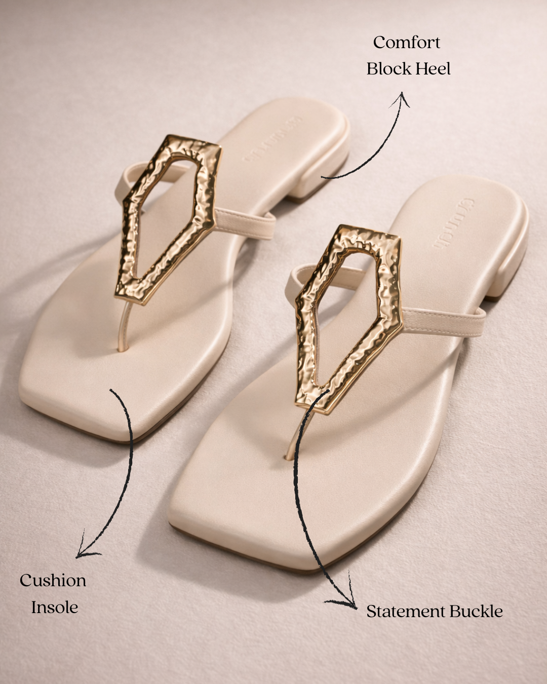 Afterglow Flats in Off White – Lifestyle Shot of Cushioned Buckle Flats for Women