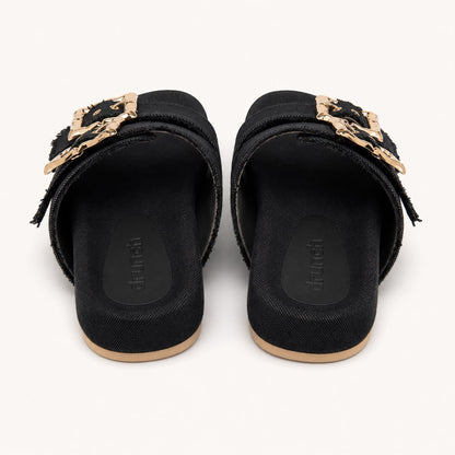 Denim Cork Slides - Black