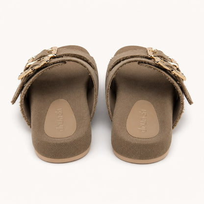 Denim Cork Slides- Khaki