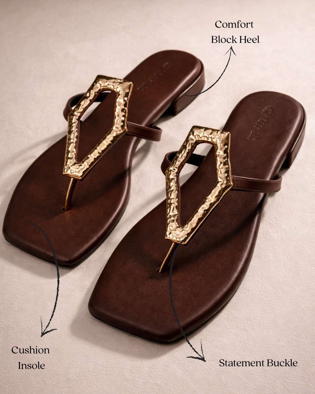 Afterglow Flats in Brown – Lifestyle Shot of Cushioned Buckle Flats for Women | Drunch"