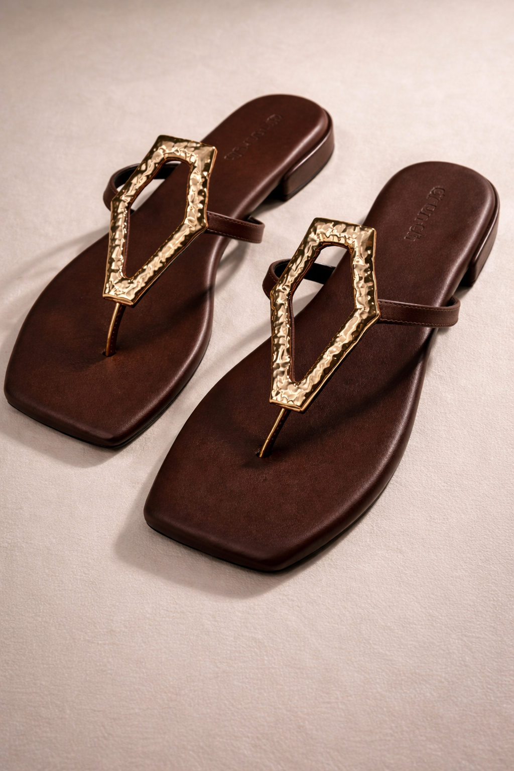 Afterglow Flats in Brown – Side View of Embellished Buckle Open-Toe Flats | Drunch
