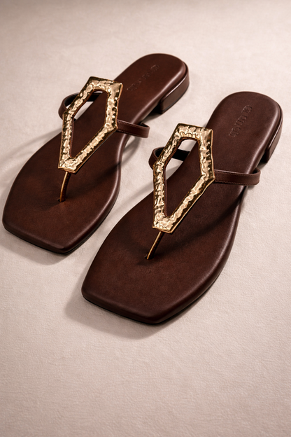 Afterglow Flats in Brown – Side View of Embellished Buckle Open-Toe Flats | Drunch
