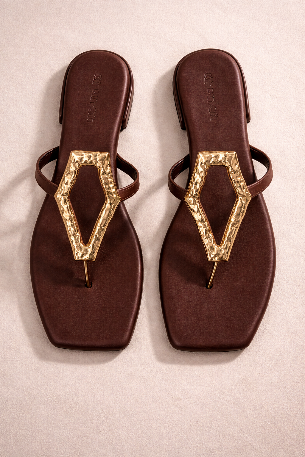 Afterglow Flats in Brown – Top Angle View of Gold Buckle Flats for Women | Drunch