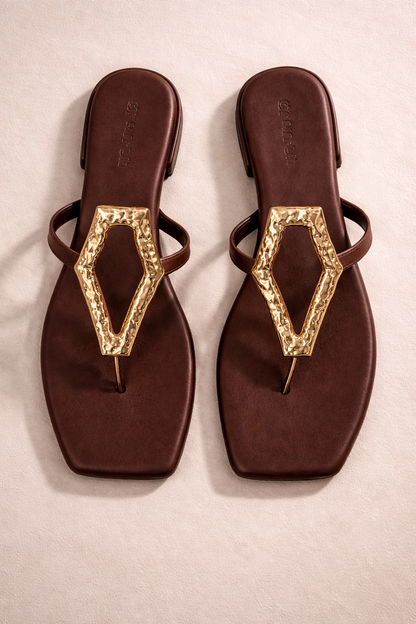 Afterglow Flats in Brown – Top Angle View of Gold Buckle Flats for Women | Drunch