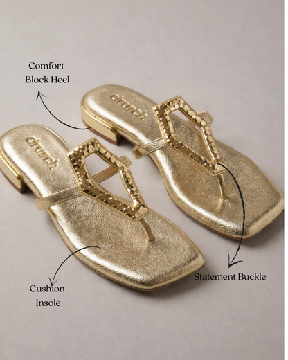 Afterglow Flats in Gold – Lifestyle Shot of Cushioned Buckle Flats for Women | Drunch
