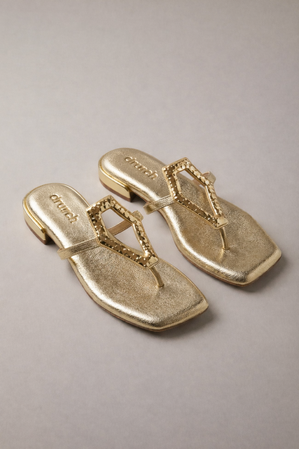 Afterglow Flats in Gold – Side View of Embellished Buckle Open-Toe Flats | Drunch